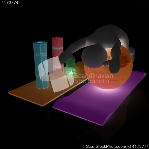 Image of 3d man on a karemat with fitness ball. 3D illustration