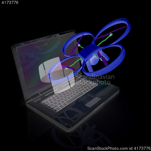 Image of Drone and laptop. 3D render