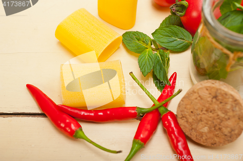 Image of Italian pasta paccheri with tomato mint and chili pepper