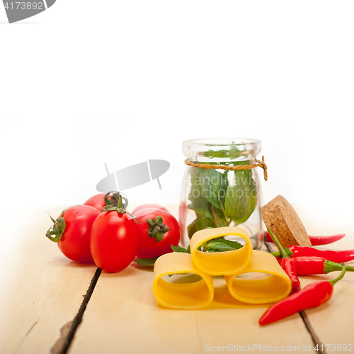 Image of Italian pasta paccheri with tomato mint and chili pepper