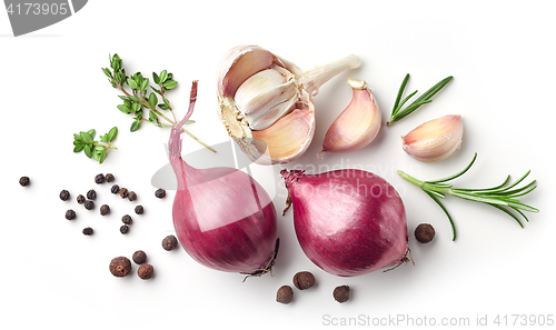 Image of red onions and spices on white background