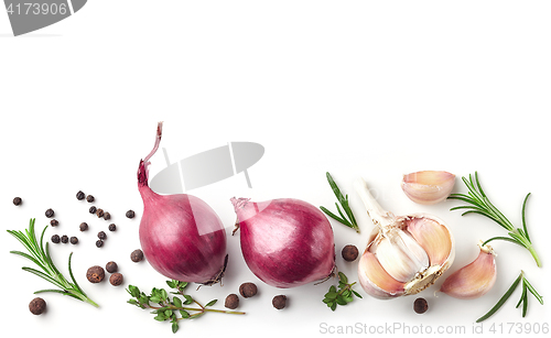 Image of red onions and spices on white background