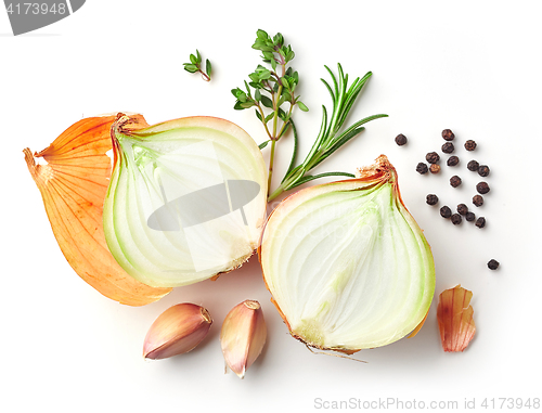 Image of onions and spices on white background