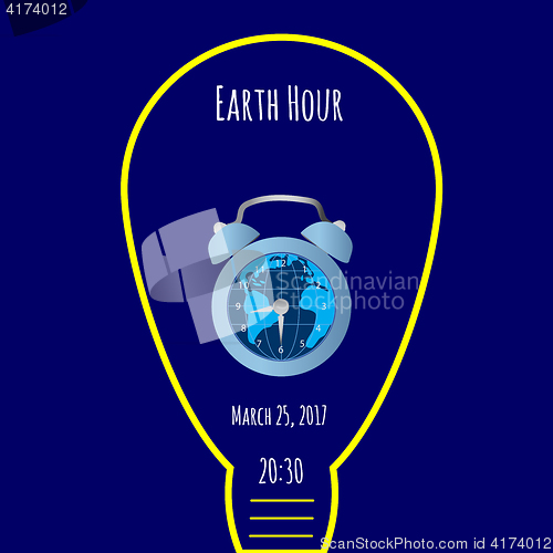 Image of Earth, bulb light, alarm clock on blue background