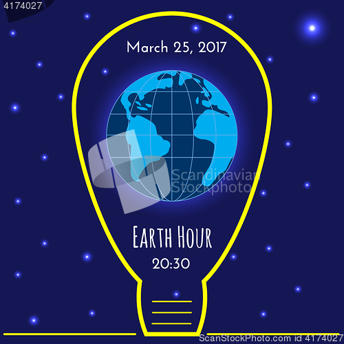 Image of Earth, bulb light, alarm clock on blue background