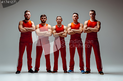 Image of The group of gymnastic acrobatic caucasian men