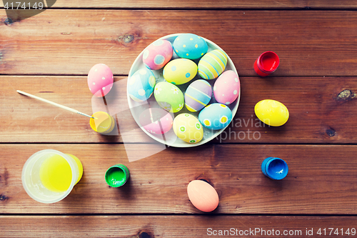 Image of close up of colored easter eggs on plate