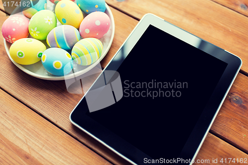 Image of close up of easter eggs and blank tablet pc