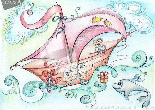 Image of Illustration - a fantastic boat floats on the ocean aboard a man threw a gift for dolphin fishing rod