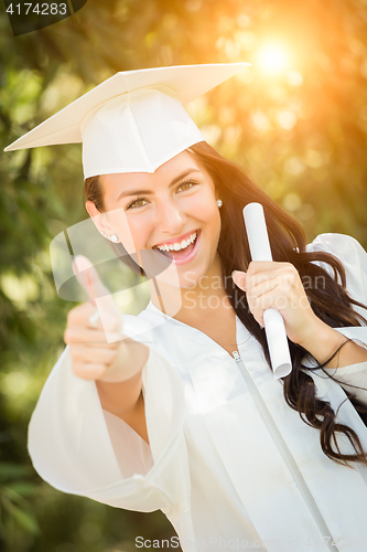 Image of Graduating Mixed Race Girl In Cap and Gown with Diploma