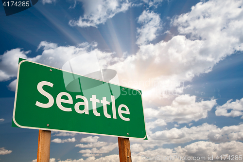 Image of Seattle Green Road Sign Over Clouds