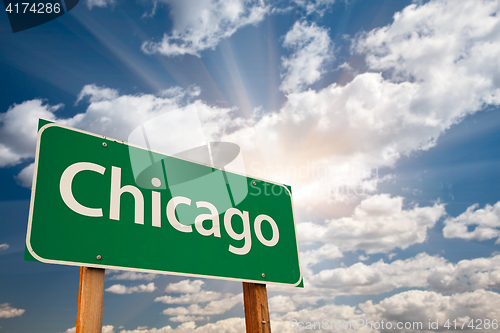 Image of Chicago Green Road Sign Over Clouds