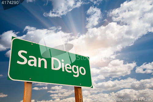 Image of San Diego Green Road Sign Over Clouds