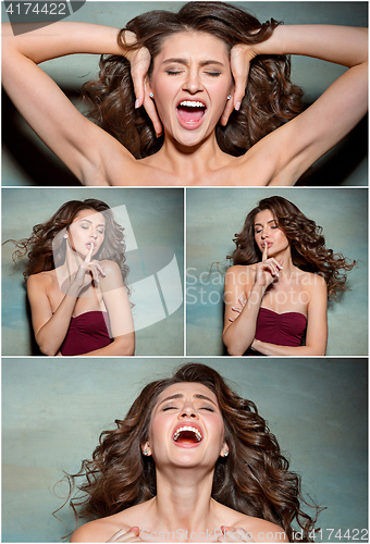 Image of The young woman\'s portrait with funny emotions
