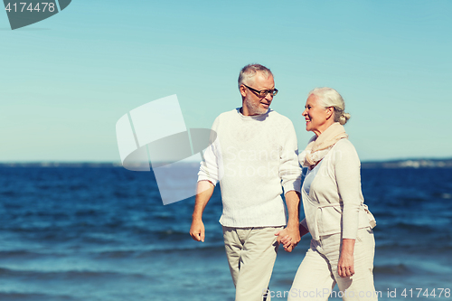 Image of happy senior couple holding hands on summer beach