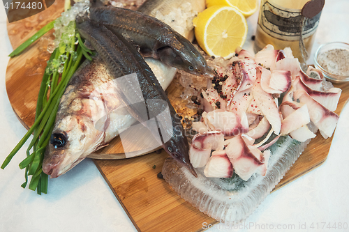 Image of Sliced frozen raw fish from whitefish