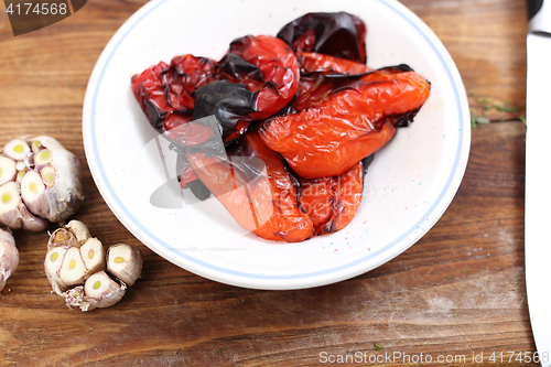 Image of Grilled red peppers. Roasted red peppers. 