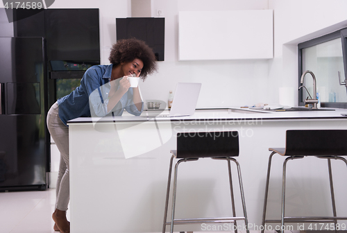 Image of smiling black woman in modern kitchen