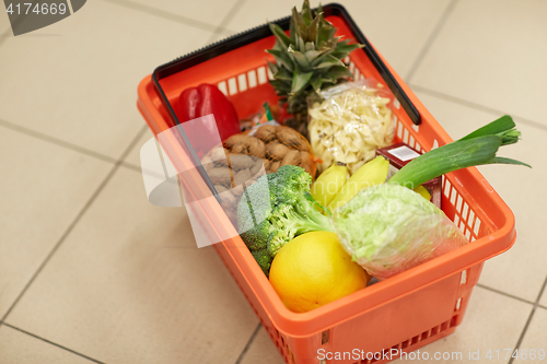 Image of food basket on grocery or supermarket floor