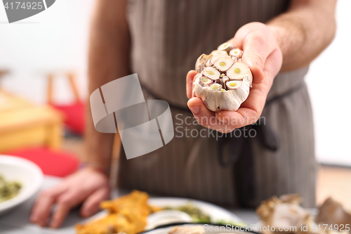 Image of Healthy kitchen, garlic in the kitchen