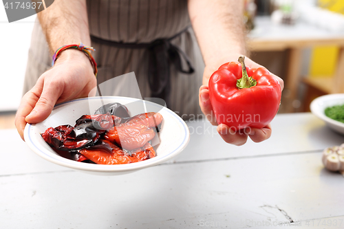 Image of Grilled red peppers. Roasted red peppers. 