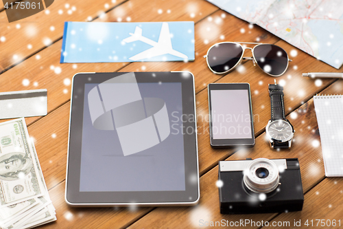 Image of tablet pc, smartphone, airplane ticket and camera