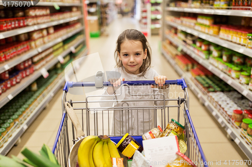 Image of girl with food in shopping cart at grocery store