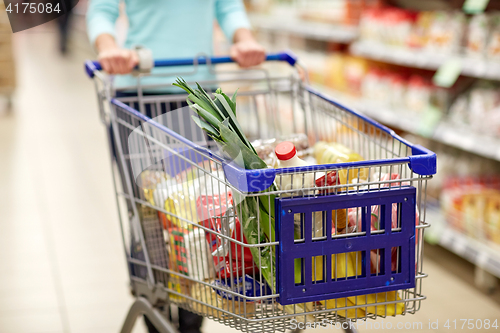 Image of woman with food in shopping cart at supermarket