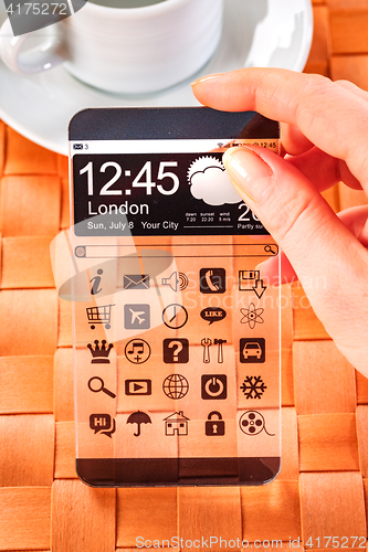 Image of Smartphone with transparent screen in human hands.