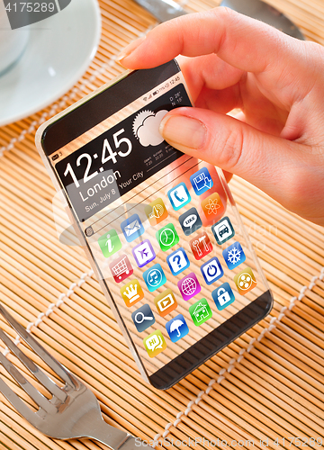 Image of Smartphone with transparent screen in human hands.