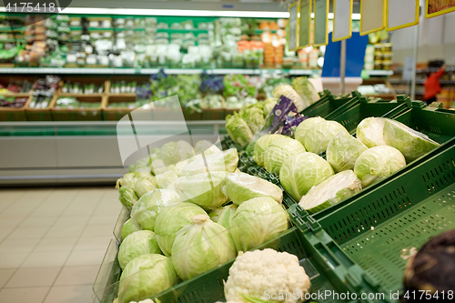 Image of close up of cabbage at grocery store or market