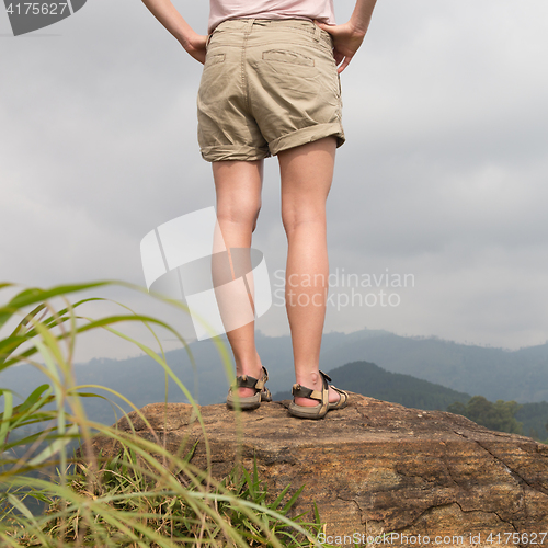 Image of Female tourist enjoying beautiful view of tea plantations, Sri Lanka.