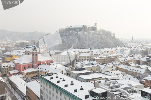 Image of Aerial panoramic view of Ljubljana in snow. Slovenia, Europe.