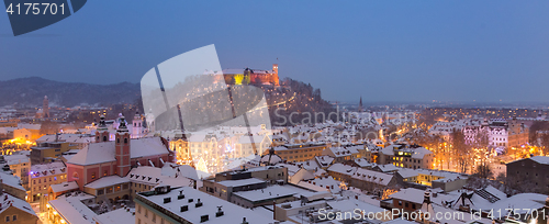 Image of Aerial panoramic view of Ljubljana decorated for Christmas holidays, Slovenia, Europe.