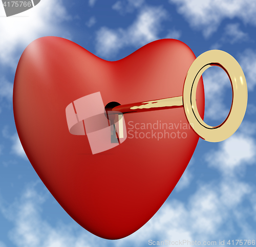 Image of Heart With Key And Sky Background Showing Love Romance And Valen