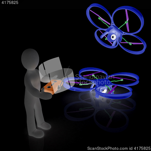 Image of 3d man with drone, quadrocopter, with photo camera. 3d render. 3