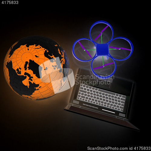 Image of Drone or quadrocopter with camera with laptop. Network, online, 