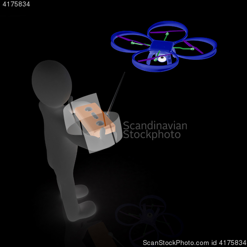 Image of 3d man with drone, quadrocopter, with photo camera. 3d render. 3