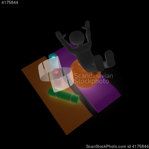 Image of 3d man on a karemat with fitness ball. 3D illustration