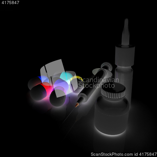 Image of Syringe, tablet, pill jar. 3D illustration