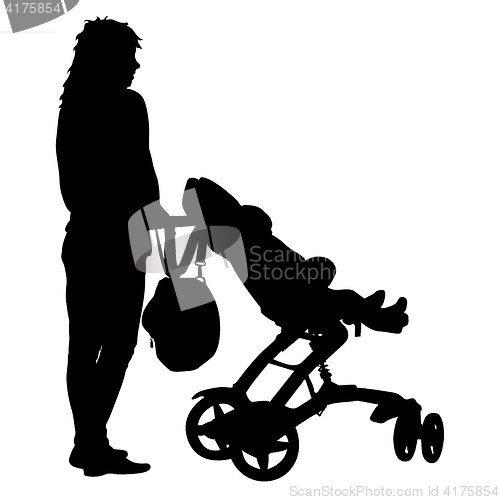 Image of Black silhouettes Family with pram on white background. illustration