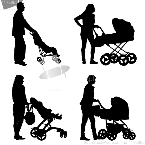 Image of Set black silhouettes Family with pram on white background. illustration