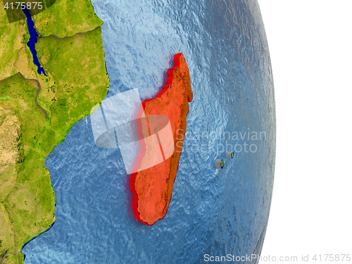 Image of Madagascar in red on Earth