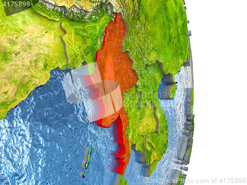 Image of Myanmar in red on Earth