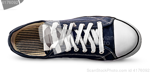 Image of Single blue athletic shoe lying on its side