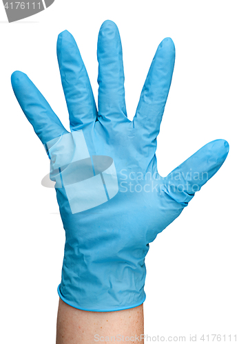 Image of Hand in blue latex glove