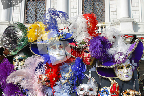 Image of Group of typical venetian carnival masks in the shop