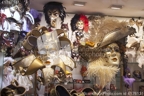 Image of Group of typical venetian carnival masks in the shop