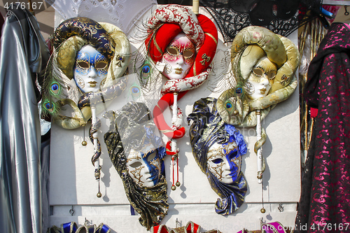 Image of Group of typical venetian carnival masks in the shop