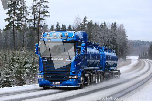 Image of Blue Scania R580 Tanker Trucking in Winter